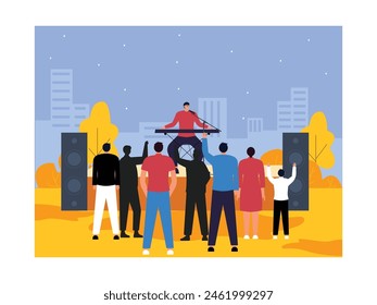 Concert of male soloist playing keyboard at night taking place in city park, vector illustration.