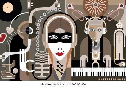 Concert of Modern Music - abstract vector illustration. Beautiful girl with mike singing song. A musician plays the piano keyboard.