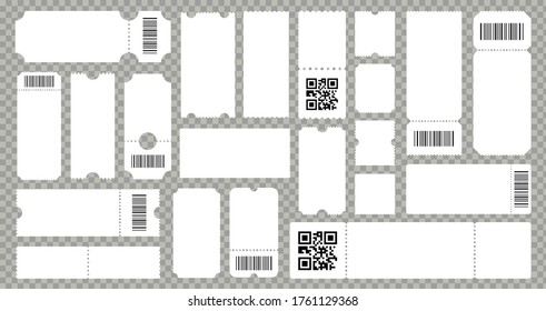 Concert movie theater ticket template. Empty lottery cardboard or paper coupons. Ribbed templates with barcode or qr code. Vector isolated set