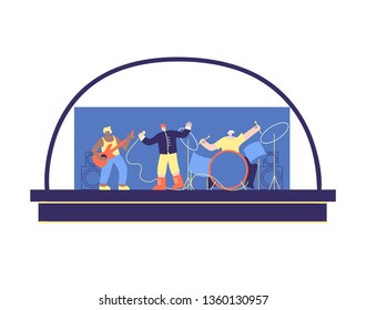 Concert of Multi Ethnic Musical Band Flat Vector. Cartoon Group of Musicians Playing Guitar, Drum, Front Man Singing with Microphone on Stage. Live Music Festival Illustration with White Background