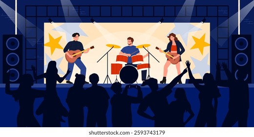 Concert, music festival, live show of rock band performing on stage. Guitarists and drummer group playing music in front of silhouettes of audience, crowd of people dance cartoon vector illustration