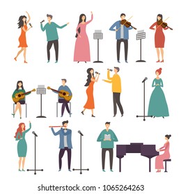 Concert and music groups. Vocal duets. Musician and singers performances. Vector singer and musician vocal, performance concert illustration