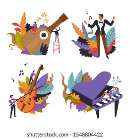 Concert And Musical Instrument. Musicians Playing Violin, Dorma. Solo Artist Singing, Performing On Stage. People Dancing To Piano Music. Colorful Foliage As Abstract Backdrop. Vector Illustrations.