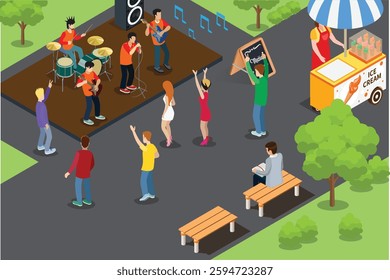 Concert musician illustration in the park isometric icon illustration on isolated background