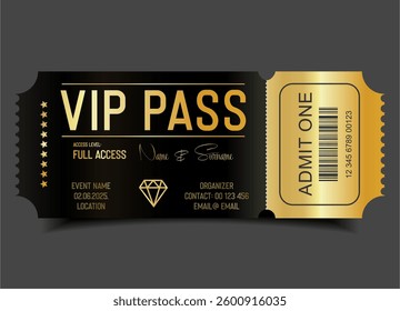 Concert, party or festival gold VIP pass design template admit design template 