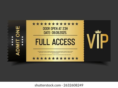 Concert, party or festival gold VIP pass design template admit design template 