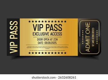 Concert, party or festival gold VIP pass design template admit design template 