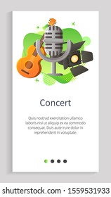 Concert performance vector musical instrument mike vintage microphone and spotlights for stage decoration acoustic guitar for songs and singing. Website or app slider template, landing page flat style