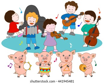 Concert of a piglet and children