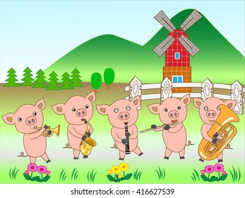 The concert of the piglet at the farm.