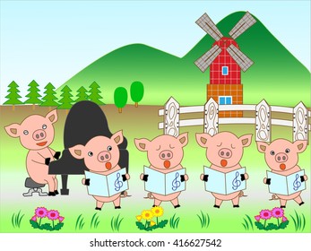 The concert of the piglet at the farm.