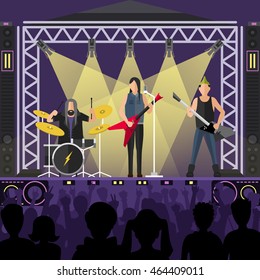 Concert pop group artists on scene, music stage and night concert music stage vector. Singer with guitar have a fun on scene stage