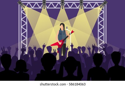 Concert pop group artists on scene music stage night and young rock metall band crowd in front of bright nightclub stage lights vector illustration.