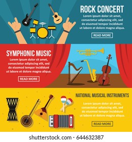 Concert poster banner horizontal concept set. Flat illustration of 3 concert poster vector banner horizontal concepts for web