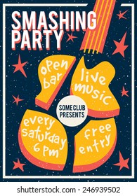 Concert poster or flyer template featuring smashed guitar and stars. Retro style