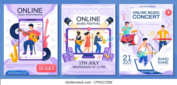 Concert posters set. Online concert of famous musicians and singers event poster. Music performance festival advertising banner. Artists on phone screen guitarist singer and musical instruments scenes