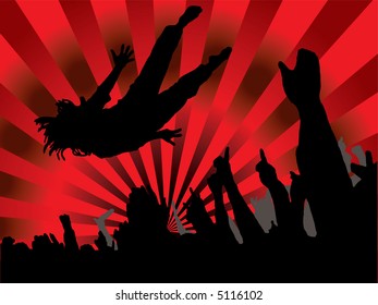 Concert red hot background with radiating sun type rays