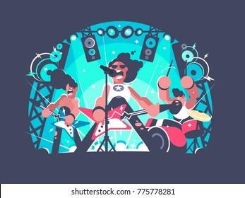 Concert of rock band with guitar and drum set. Vector illustration