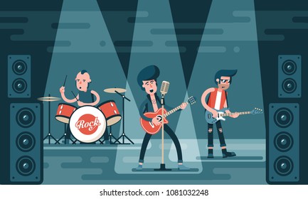 Concert of rock band on stage. Singing guitarist, bass guitar player, drummer in stylish clothes. Cartoon illustration in flat style.