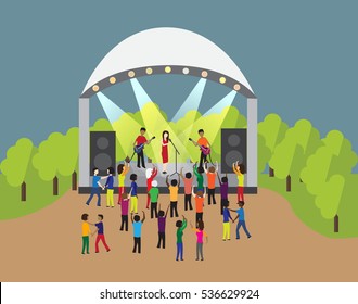 Concert Rock Band In The Park. Crowd Dancing To The Music. Evening Disco In Outdoor. Flat Style Vector.