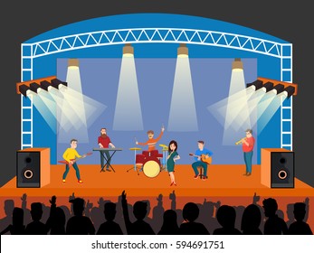 Concert scene with band pop. Festive design, poster template. Rock musicians on stage playing impressive music. Vector