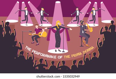 Concert scene flat composition with the performance of the prima donna headline vector illustration