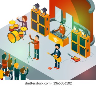 Concert scene. Isometric rock band singing people entertainment crowd vector concept. Rock band on scene, musician singer illustration