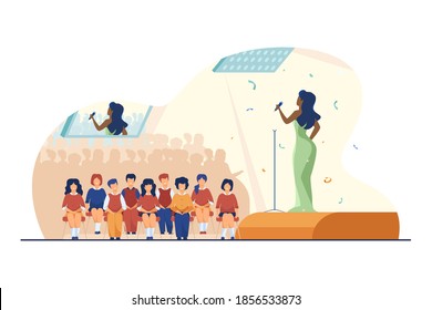 Concert for schoolchildren. Performer singing on stage, kid in audience hall flat vector illustration. Entertainment, school party, performance concept for banner, website design or landing web page