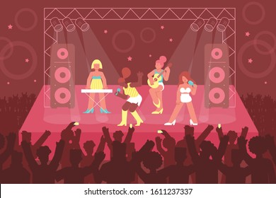 Concert singer composition of flat images and characters of girls band members performing music on stage vector illustration