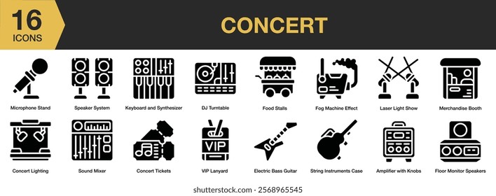 Concert solid icon set. Includes concert, event, entertainment, music, stage, light, show, and More. Solid icons vector collection.