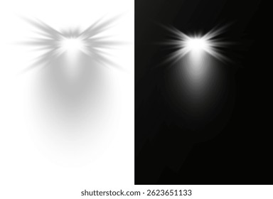 Concert spotlight glows brightly with sharp focused beam. Studio lighting radiates softly in controlled radial arcs. Scene lights simulate professional entertainment environments. Light beams
