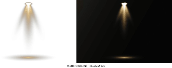 Concert spotlight glows brightly with sharp focused beam. Studio lighting radiates softly in controlled radial arcs. Scene lights simulate professional entertainment environments. Light beams
