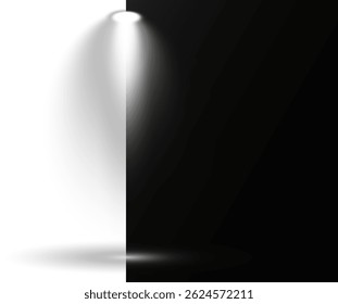 Concert spotlight glows brightly with sharp focused beam. Studio lighting radiates softly in controlled radial arcs. Scene lights simulate professional entertainment environments. Light beams