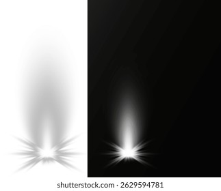 Concert spotlight glows brightly with sharp focused beam. Studio lighting radiates softly in controlled radial arcs. Scene lights simulate professional entertainment environments. Light beams