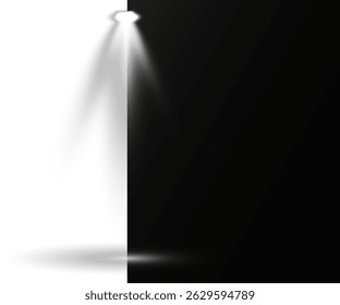 Concert spotlight glows brightly with sharp focused beam. Studio lighting radiates softly in controlled radial arcs. Scene lights simulate professional entertainment environments. Light beams