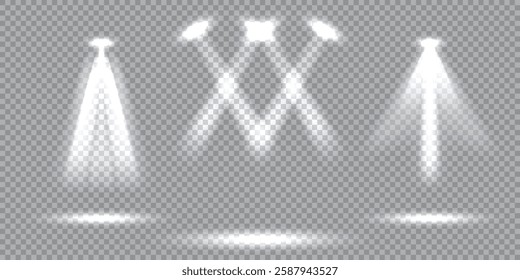 Concert spotlights and professional stage lighting effects with bright beams and dramatic illumination. A vector set of realistic studio lights, perfect for event productions and photography setups