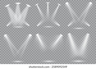 Concert spotlights and professional stage lighting effects with bright beams and dramatic illumination. A vector set of realistic studio lights, perfect for event productions, photography setups