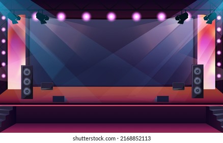 Concert stage with black screen by spot lights. Scene with dance floor and music speakers. Night club bright Interior. Pop, rock festival event. Auditorium hall for cinema premier. Vector illustration