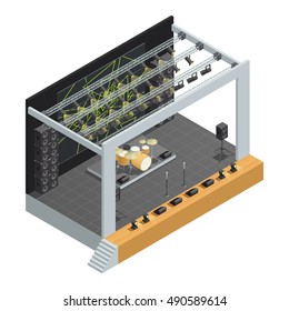 Concert stage isometric poster construction with microphones different speakers system of spotlights and drum kit vector illustration