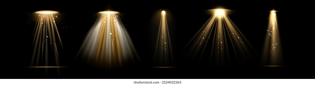 Concert or stage lighting, spotlights effect with glowing particles or shining dust. Vector realistic area or object illuminating with beams of light. Night dramatic view with lamps and reflectors