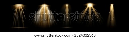 Concert or stage lighting, spotlights effect with glowing particles or shining dust. Vector realistic area or object illuminating with beams of light. Night dramatic view with lamps and reflectors