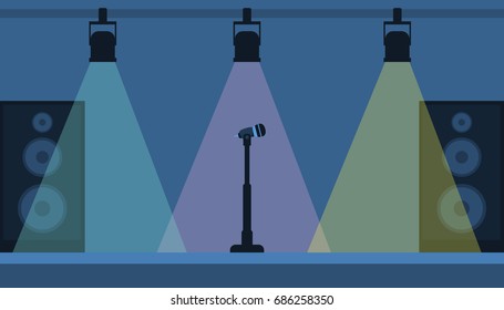 Concert stage with a microphone and a lamp. Vector illustration