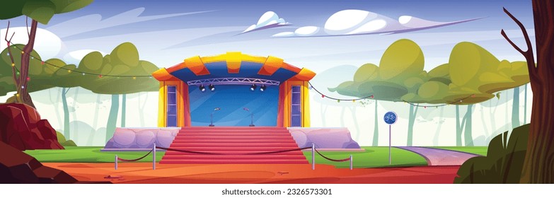 Concert stage for music festival outdoor in public park. Summer landscape with podium with microphones and stairs for band concert, dance show or performance, vector cartoon illustration