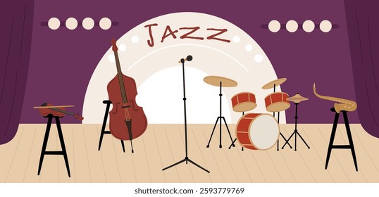 Concert stage. Musical instruments. Double bass, violin and drums. Saxophone for jazz band performance. Singers mic. Music entertainment. Musicians symphony. Vector