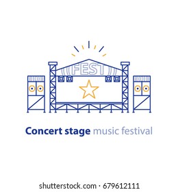 Concert Stage Rental Services, Mobile Podium, Entertainment Show, Music Festival Organization, Vector Line Illustration