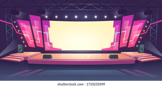Concert stage with screen illuminated by spotlights. Vector cartoon illustration of empty scene for rock festival, show, performance or presentation. Podium stage with truss, music and light equipment