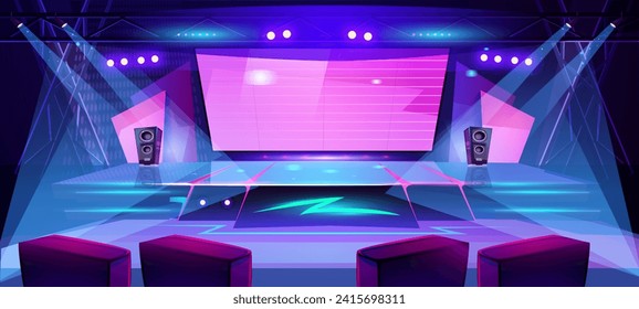 Concert stage with screen. Podium illuminated by spotlights. Platform for music festivals, shows, performances and presentations. Scene with musical equipment. Cartoon flat vector illustration