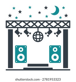 Concert stage setup with speakers, disco ball, and spotlights under a starry night sky with a crescent moon, perfect for music festivals or events