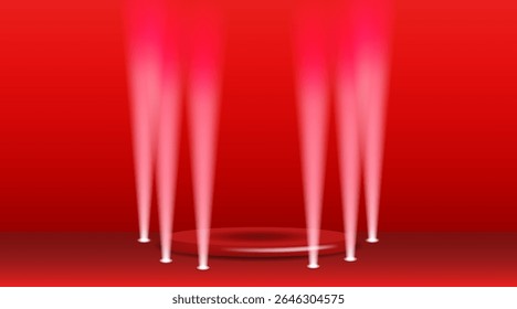 Palco de concerto com raios de luz de spot. Plano de fundo da cena de entretenimento. Pedestal e feixes de luz na cena vermelha. Ilustração vetorial