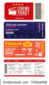 Concert and stand up comedy show tickets. Cinema ticket and airplane boarding pass. Big set of tickets templates. Vector